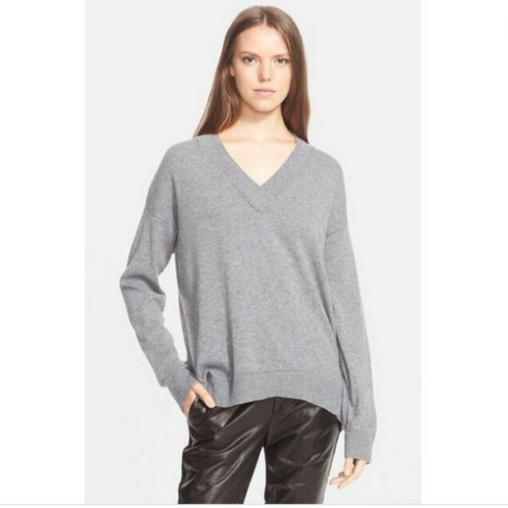 Vince Pointelle Trim Cashmere Sweater in DARK HEATHER STONE (XXS)